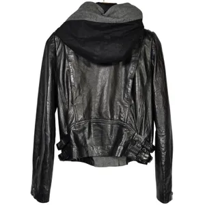 ALC Black Lamb Leather Hooded Moto‎ Jacket Paneled Wool Blend Contrast Trim 4 thumbnail 2