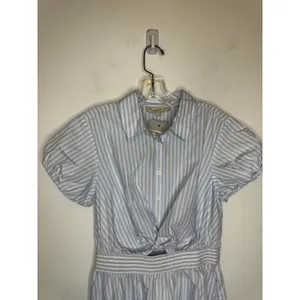 Loft Blue White Striped Midi Dress Puff Sleeve Button Front Tie Waist Size S thumbnail 3