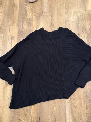Free People Black Ribbed Oversized Asymmetrical Crewneck Sweater Large thumbnail 3