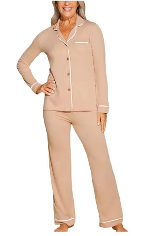 Cosabella Beige Long Sleeve Button Down Top and Pants Pajama Set Petite Small thumbnail 1