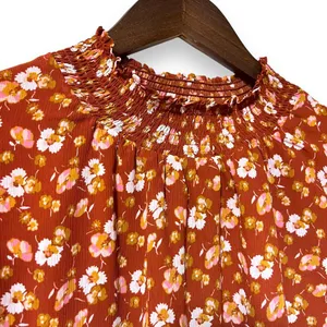 J Crew Shirt Medium Smocked Puff‎ Sleeve Ruffle Burnt Orange Floral Blouse thumbnail 2