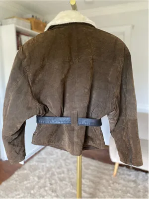 OutBrook M Brown Genuine Leather Shearling Collar Belted Aviator Moto Jacket Y2K thumbnail 3