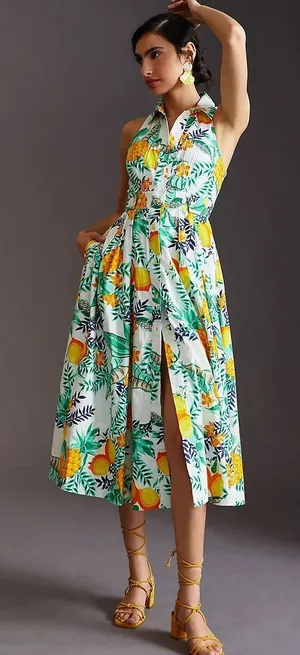 Anthropologie Maeve Maxi Shirt Dress Pineapple Tropical Women's Size M / $278 thumbnail 1