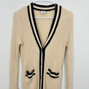 Cabi Size Small Cardigan Cream Navy Ribbed Knit Academia‎ Career Preppy Coastal thumbnail 3