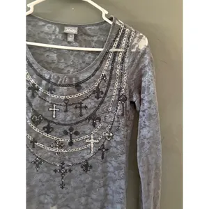 Vanity Y2k Womens Grey Lace Long Sleeve Mesh Cross‎ Chain Print Top Sm Grunge thumbnail 2
