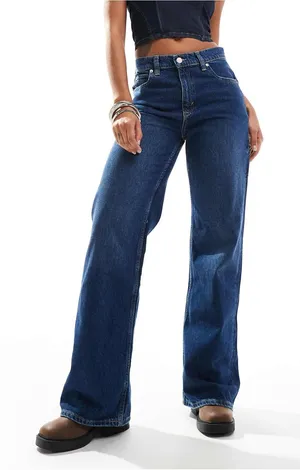 Free People tinsley high-rise baggy straight leg jeans in deep blue thumbnail 1