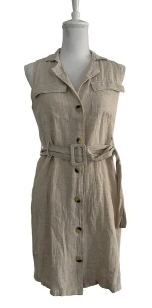 Sih & Sam Women Oatmeal Beige Linen Blend Belted Utility Button Front Dress M thumbnail 1