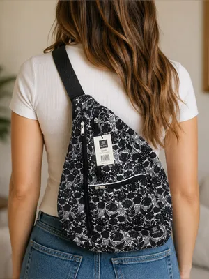 Ambry Bella New Sling Bag Black/White Floral Adjustable Strap 2 Matching Pouches thumbnail 1