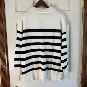 WIHOLL‎ Striped Pullover Sweater Quarter Zip Tunic Top Oversized Medium Black thumbnail 2