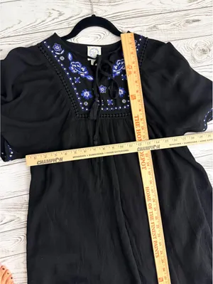 Blue Rain Women’s XXS Black Embroidered Floral Boho Mini Dress Bell Sleeve thumbnail 8