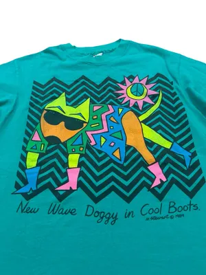 Hanes Teal Graphic Dog Print Vintage 1989 Tee Shirt M. Stewart Large Women's thumbnail 2