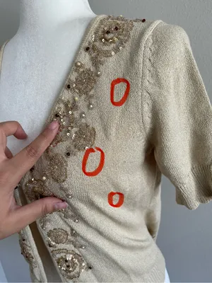Ann Taylor Cream Knit Short-Sleeve Cardigan thumbnail 3