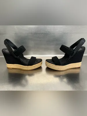 TORY BURCH Wedge Espadrille 2 Band Canvas & Leather Black Sandal- Size 7.5 - GUC thumbnail 7