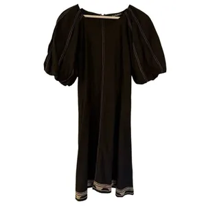 Anthropologie En Saison black embroidered puff sleeve exposed stitching dress large thumbnail 2