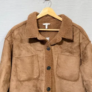 Maurices Womens Brown Faux Suede Sherpa Lined Shacket Jacket Large L thumbnail 4