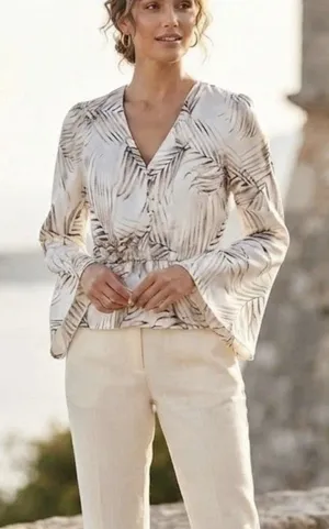 White House | Black Market Satin Feel Peplum Blouse Palm Print Bell Sleeve Boho Coastal Ivory Size M thumbnail 1