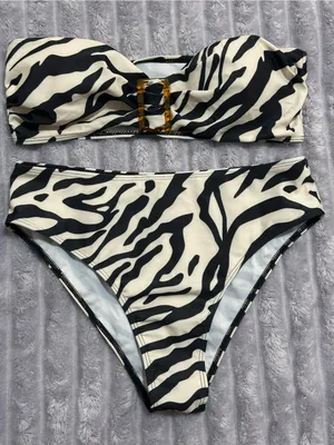 Women's Zebra-Print Bandeau Bikini Set - Black & White thumbnail 1