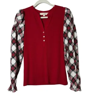 LOFT Women’s Ribbed Henley Red Plaid Mixed Media‎ Puff Shirred Ruffle Sleeves S thumbnail 1
