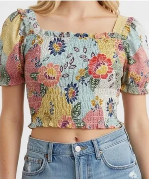 Monteau Smocked Floral Top S Blue thumbnail 1
