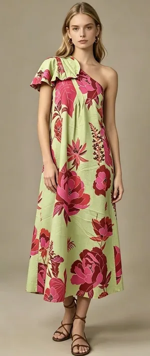 NWOT Farm Rio Fresh Garden One-Shoulder Linen Blend Midi Dress Size XS thumbnail 1