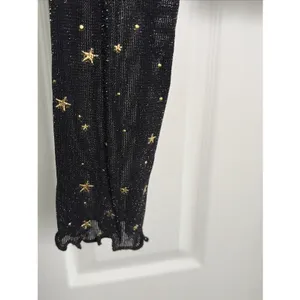 Celestial Star Mesh Top Womens Size S Black Gold Foil Y2K Sheer Mock thumbnail 5