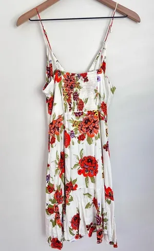 Free People Happy Heart Mini Floral Dress ruched ruffle smock boho L thumbnail 4