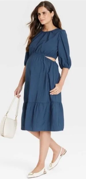 Isabel Maternity Tiered Blue Cutout Pullover Dress M‎ NEW thumbnail 1