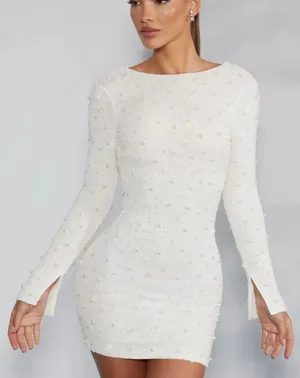 Oh Polly long sleeve embellished backless mini dress in ivory thumbnail 1
