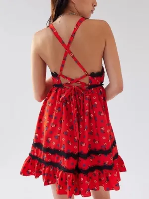 Urban Outfitters Elaina Strappy Lace Red Floral Babydoll Mini Dress size SP thumbnail 2