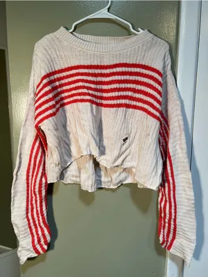 Aerie Women's Size XS Striped Pullover Sweater‎ Cream Red Stripes FLAWED thumbnail 3