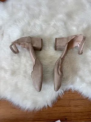 Scalloped Faux Suede Tan Ankle Strap Heels thumbnail 3