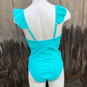 Turquoise Plunge Ruffle Trim Ruched Tummy One Piece Swimsuit Size M thumbnail 7