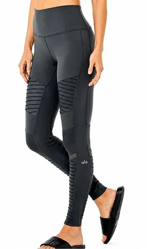 Alo Yoga Dark Gray Moto Leggings S High Rise Mesh Pleated Biker Athleisure thumbnail 1