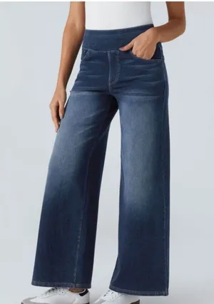 Halara L Wide-Leg High-Waist Denim Pants With Elastic Waistband And Pockets For thumbnail 1