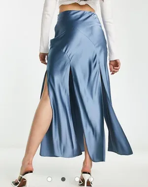 ASOS DESIGN satin maxi skirt with spliced hem in dusty blue size 2 thumbnail 1
