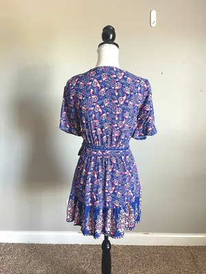 DEBBIE DABBIE | Blue & Pink Floral Print Wrap Mini Dress Sz 8 thumbnail 6