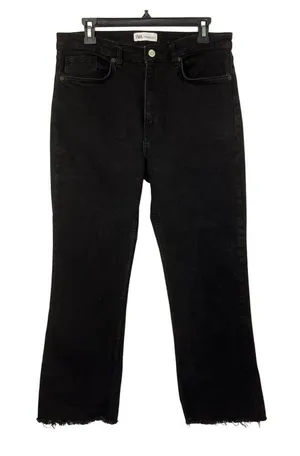 Zara Womens 10 Black Cropped Straight Leg Jeans Raw Hem High Rise Used thumbnail 1