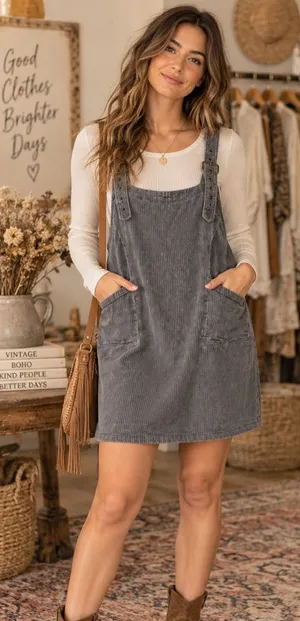 POL Washed Gray Corduroy Pinafore Mini Dress thumbnail 1