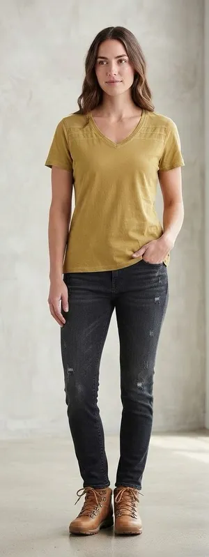 Kühl Women’s Organic Cotton V-Neck Short Sleeve Mustard Yellow Olive Green Top M thumbnail 1