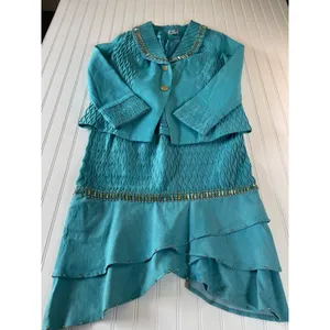 Odeliah Denim Teal Blue Smocked Studded Skirt & Jacket Set Size 16 Vintage Style thumbnail 2