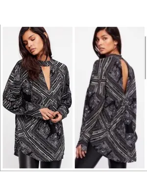 💋Free People Black Printed Choker Keyhole Blouse Medium NWT thumbnail 3