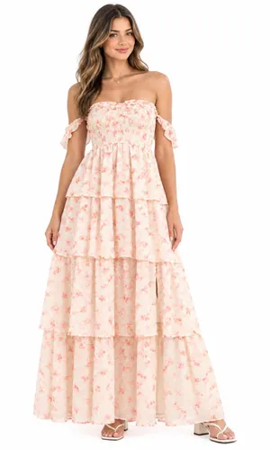 Beivy Orange Floral Tiered Off The-Shoulder Maxi Dress Size M NWT thumbnail 1