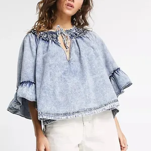 Free People Washed Denim Smocked Top thumbnail 9