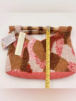 Handcrafted India Beaded Sequin Bamboo Handle Handbag Pink Coral Gold NEW thumbnail 7