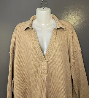 Aerie Shirt Womens XL Beige Collared Long Sleeve Thermal Waffle Knit Tunic Top thumbnail 1