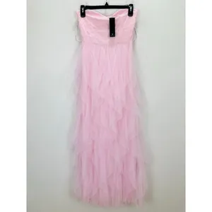 Lulus Delightful Beauty Pink Mesh Strapless Ruched Ruffled Maxi Dress Small NWT thumbnail 5