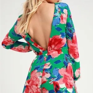 Lulus Women's Romper Green Floral Long‎ Sleeve Open Back Lined Size Large thumbnail 2