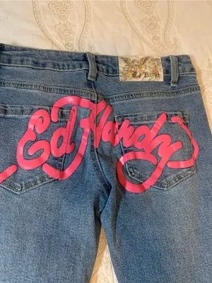 Vintage Ed Hardy Denim Bootcut Jeans Hot Pink Logo & Embroidery Ladies Sz 24 thumbnail 7
