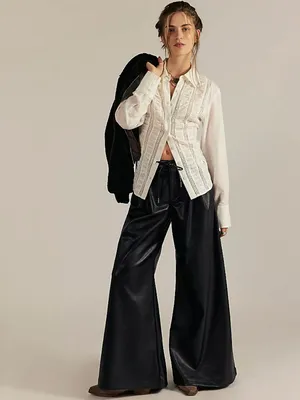 Free People Julien Black High Rise Wide Leg Vegan Leather Pants Drawstring XS thumbnail 11