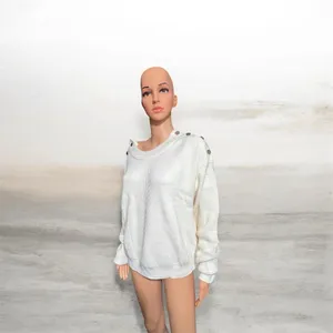 Women’s Cream Ribbed Knit Sweater Button Shoulder Detail Long Sleeve thumbnail 4